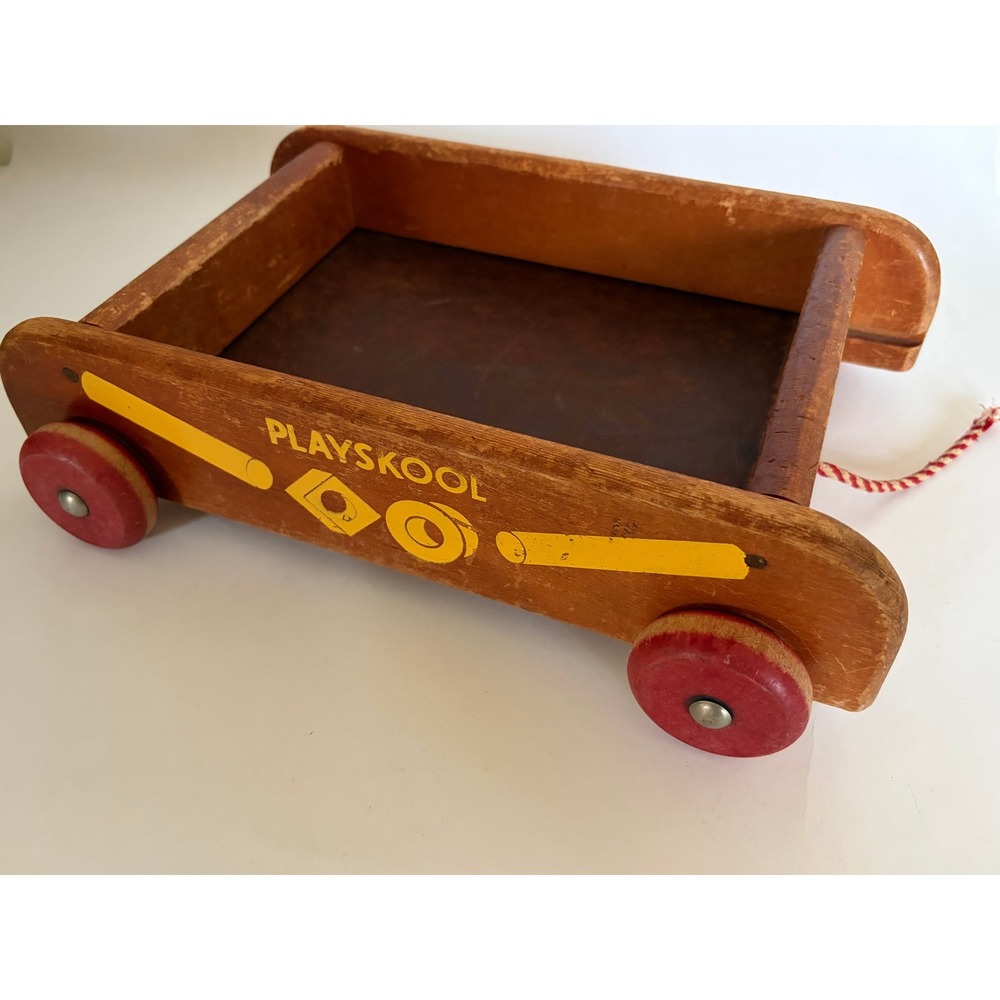 Vintage Playskool Wooden Pull Cart Wheeled Wagon Toy Rustic Retro 1950s